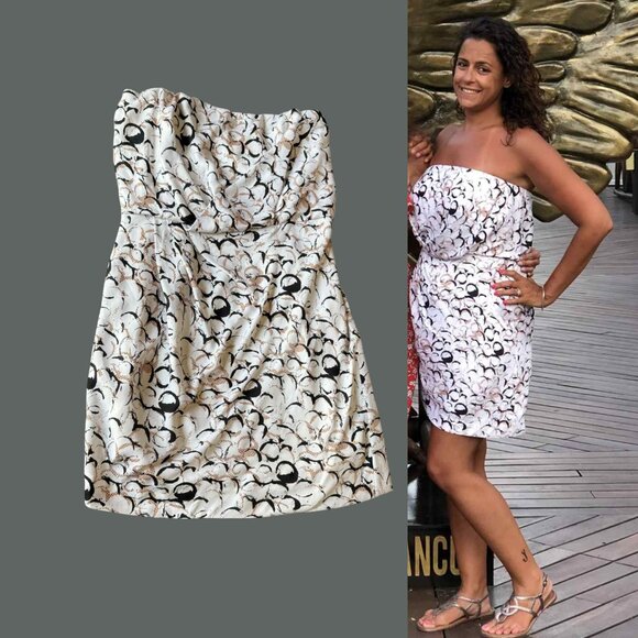 BCBG Strapless Printed Mini Dress – Black/Gold Circles – Wedding Guest Size 10 - Picture 1 of 4